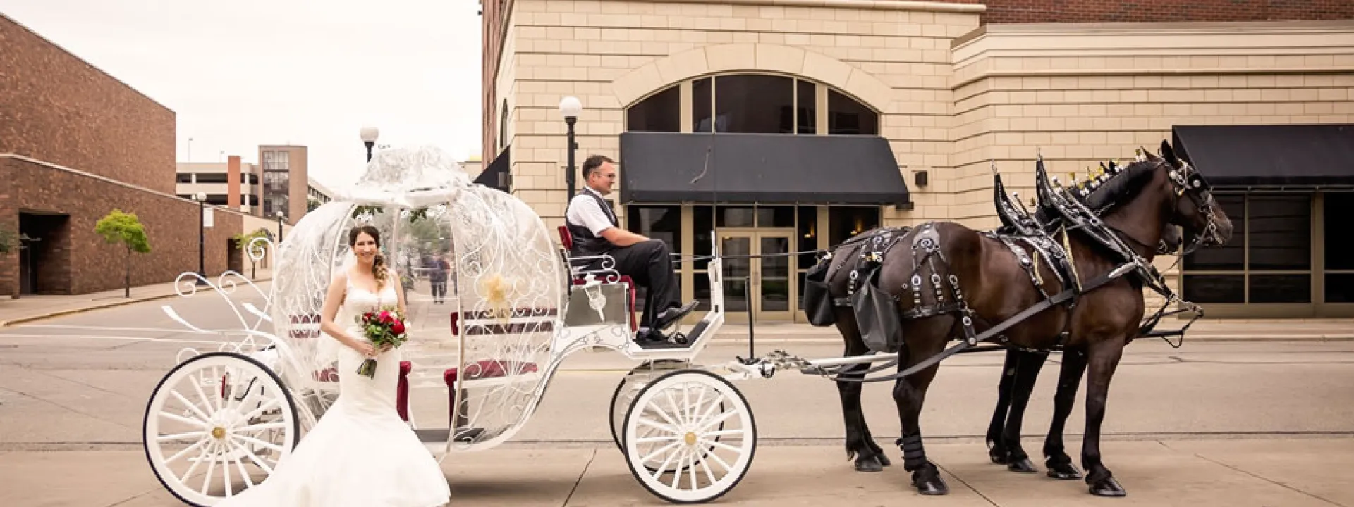 Couple celebrates their day, complete with horse and carriage, tiara and custom wine